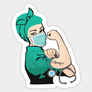 Pin Up Nurse Girl Wearing Mask with Strong Tattoo Sticker